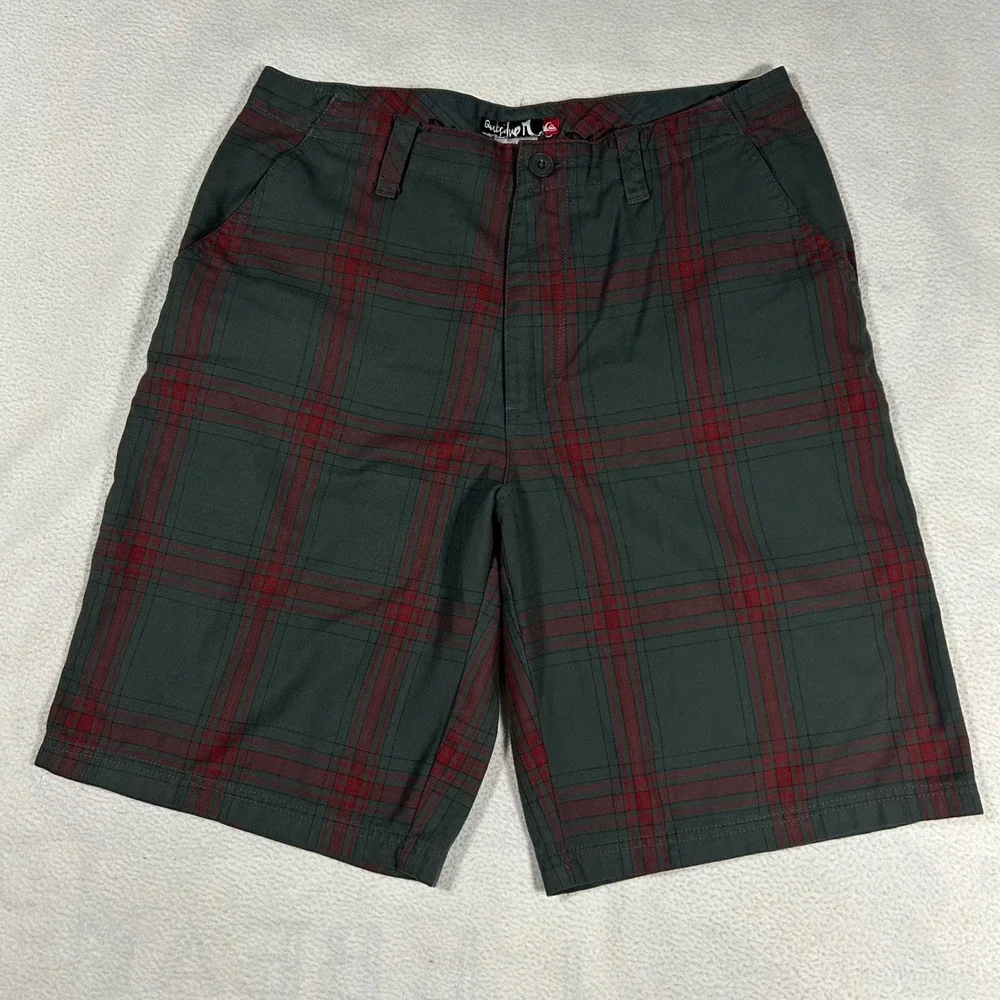 Vintage Y2K Quiksilver Plaid Shorts Men 33 Grey Red Embroidered Grunge Style